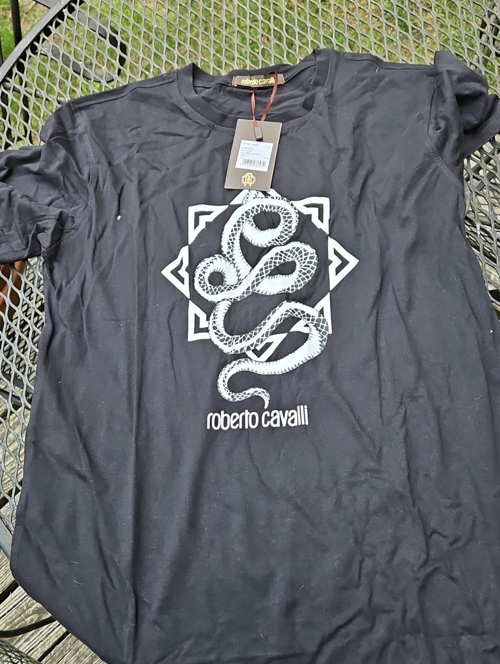 Roberto Cavalli Black Short-Sleeve Tee with White Snake Motif